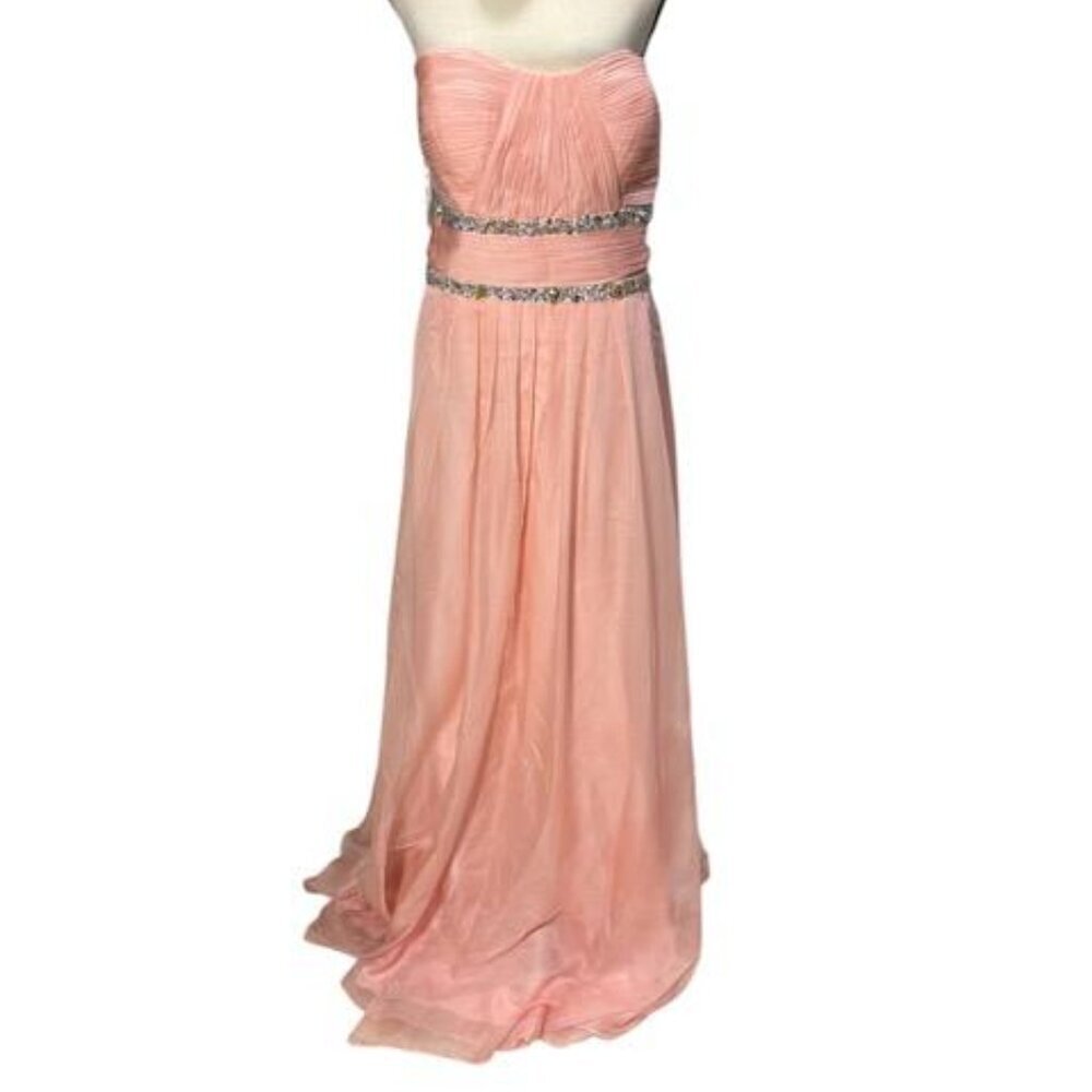 Blush Pink Strapless Pleated Chiffon Embellished Beaded Gown Prom